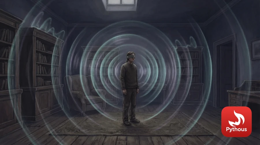 A blindfolded person in a dark room surrounded by visible sound waves bouncing off the walls