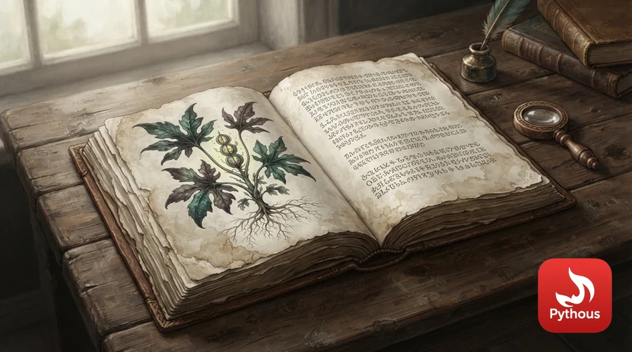 An old vellum manuscript showing strange plant drawings and flowing unknown script
