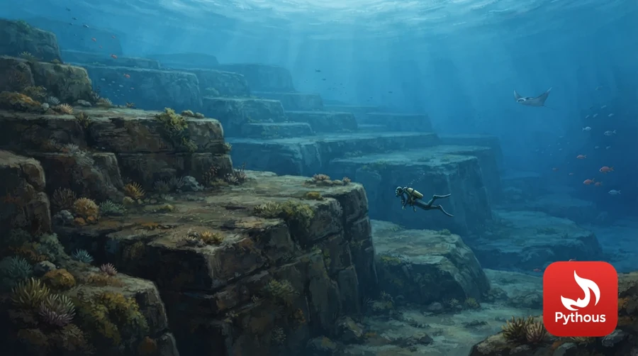 Huge stepped underwater rock terraces in clear blue water with a diver for scale