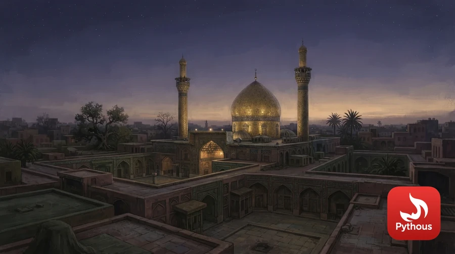The golden dome of the shrine of Sayyida Zaynab near Damascus at dusk
