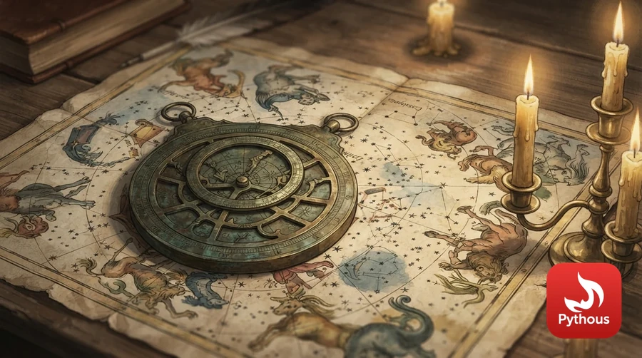 A brass astrolabe and a parchment star map with constellation figures by candlelight