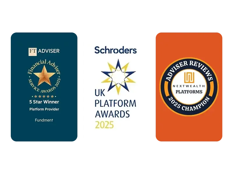 FT Adviser 5 Star Winner, Schroders UK Platform Award Winner, NextWealth Platforms 2025 Champion logos