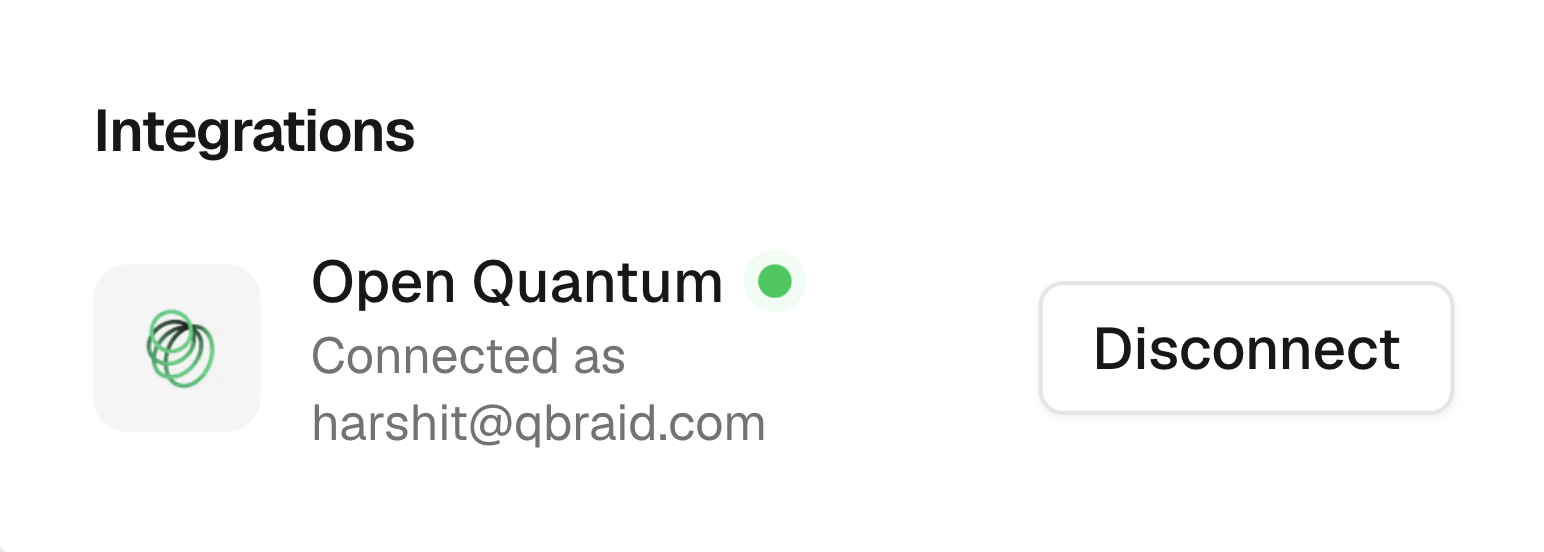 Open Quantum tile showing a green Connected dot, the connected account, and a Disconnect button