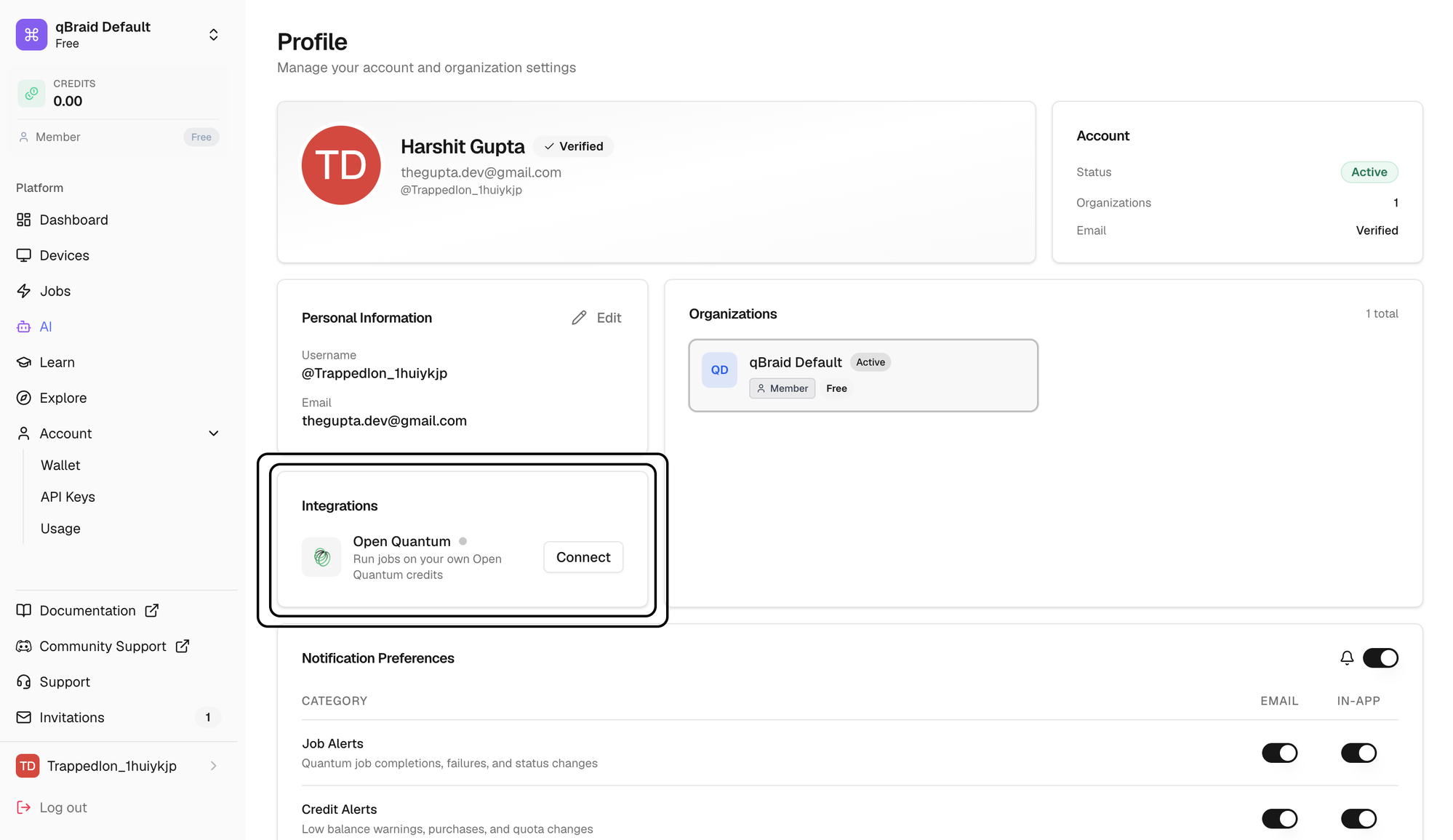 qBraid Profile page with the Integrations tile highlighted