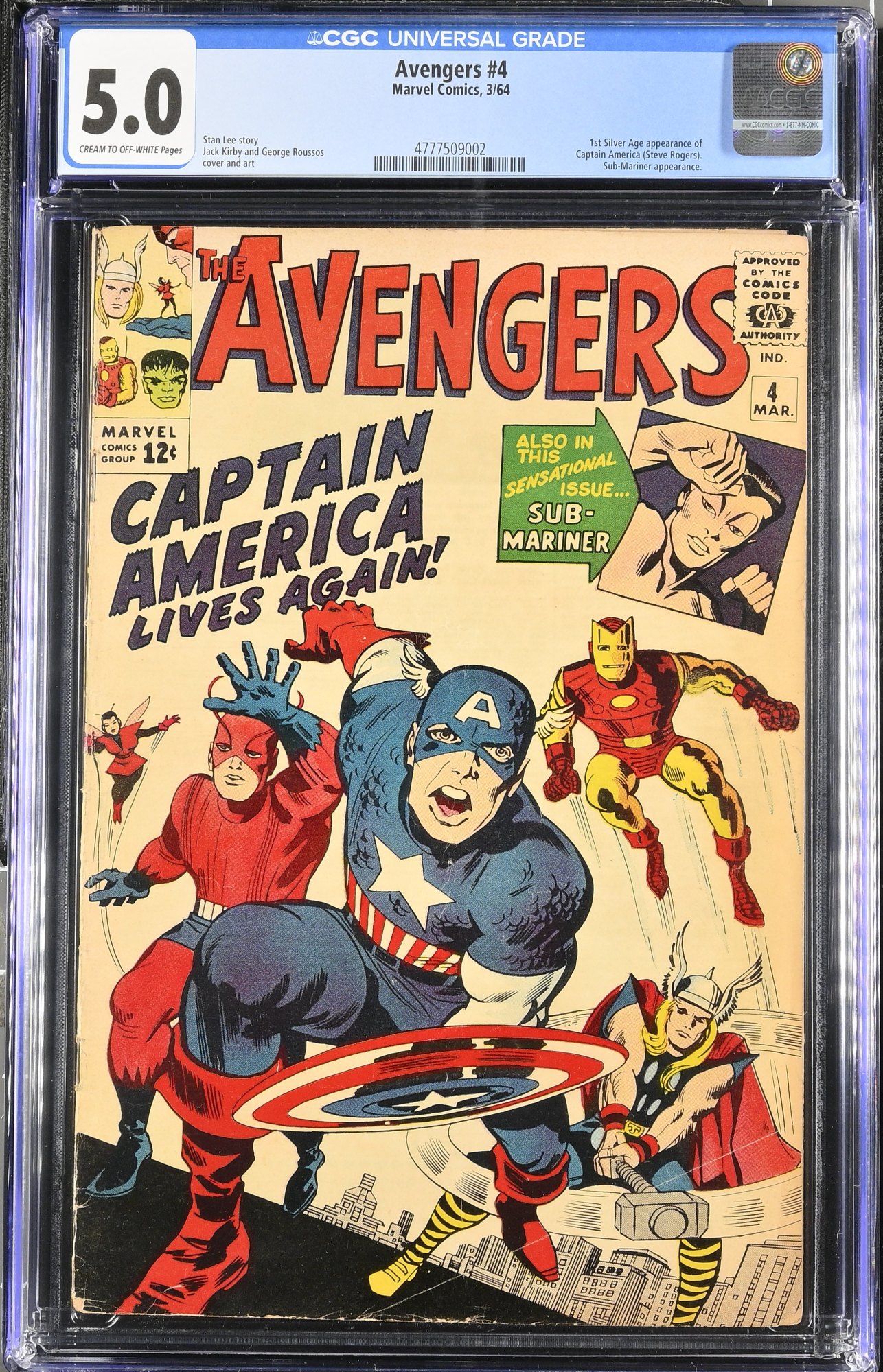 Avengers #4 CGC VG/FN 5.0 Cream To Off White 1st Silver Age Captain America!
