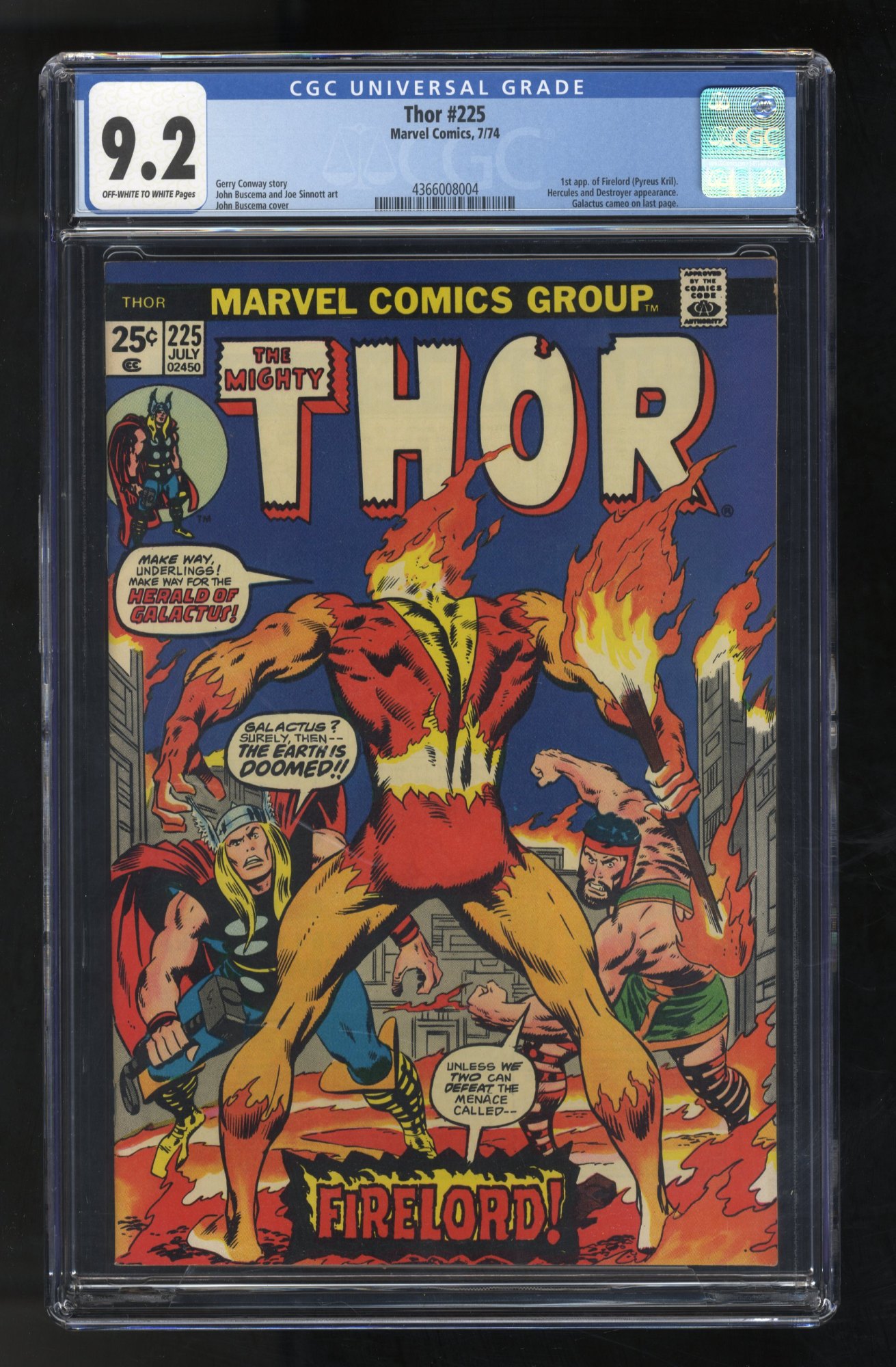 Thor #225 CGC NM- 9.2 1st Appearance of Firelord! John Buscema Cover!
