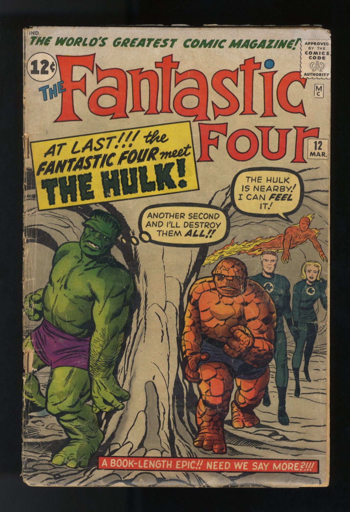 Fantastic Four #12 GD- 1.8 1st Hulk vs Thing Battle! Jack Kirby Art!