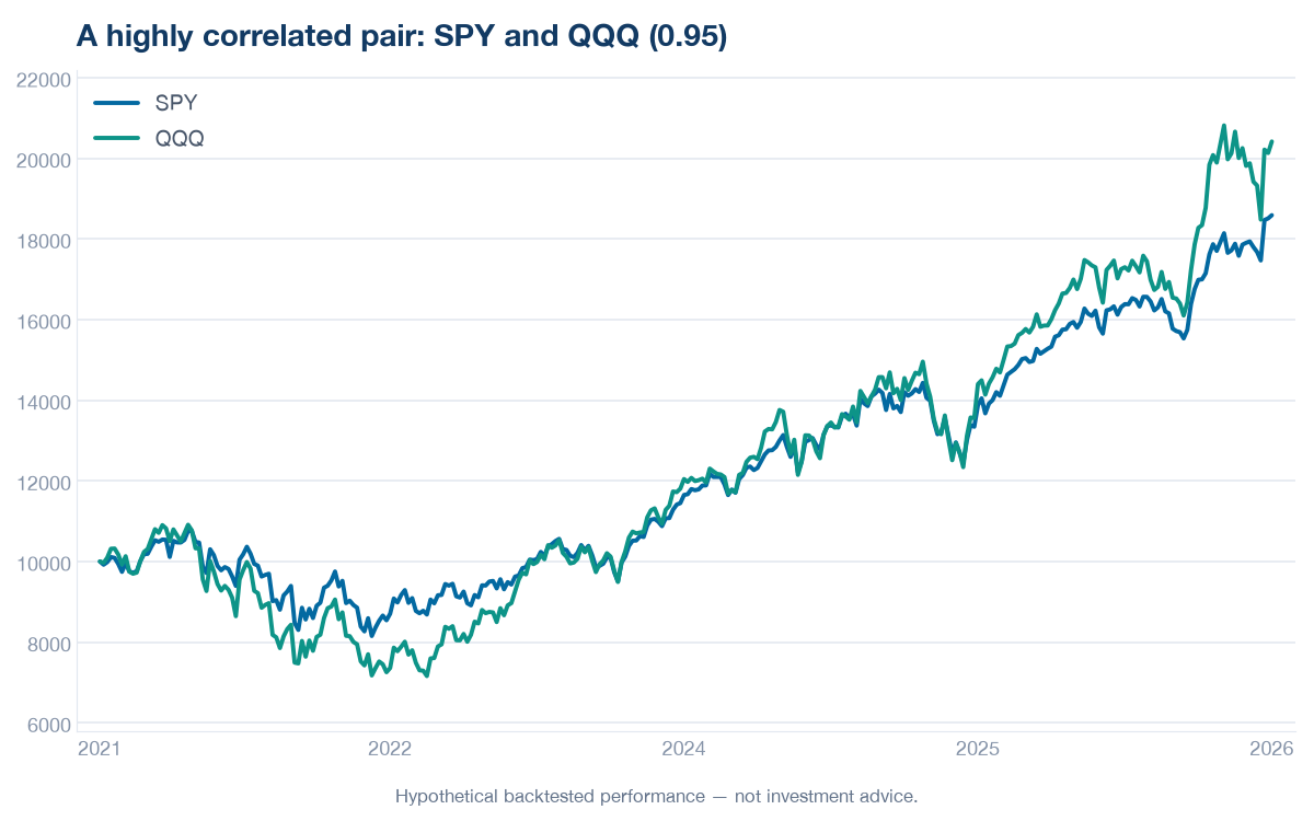 Indexed adjusted-close price paths of SPY and QQQ, both starting at 10,000 over the 5-year window (2021–2026). The two lines move closely together, illustrating a correlation of 0.95.