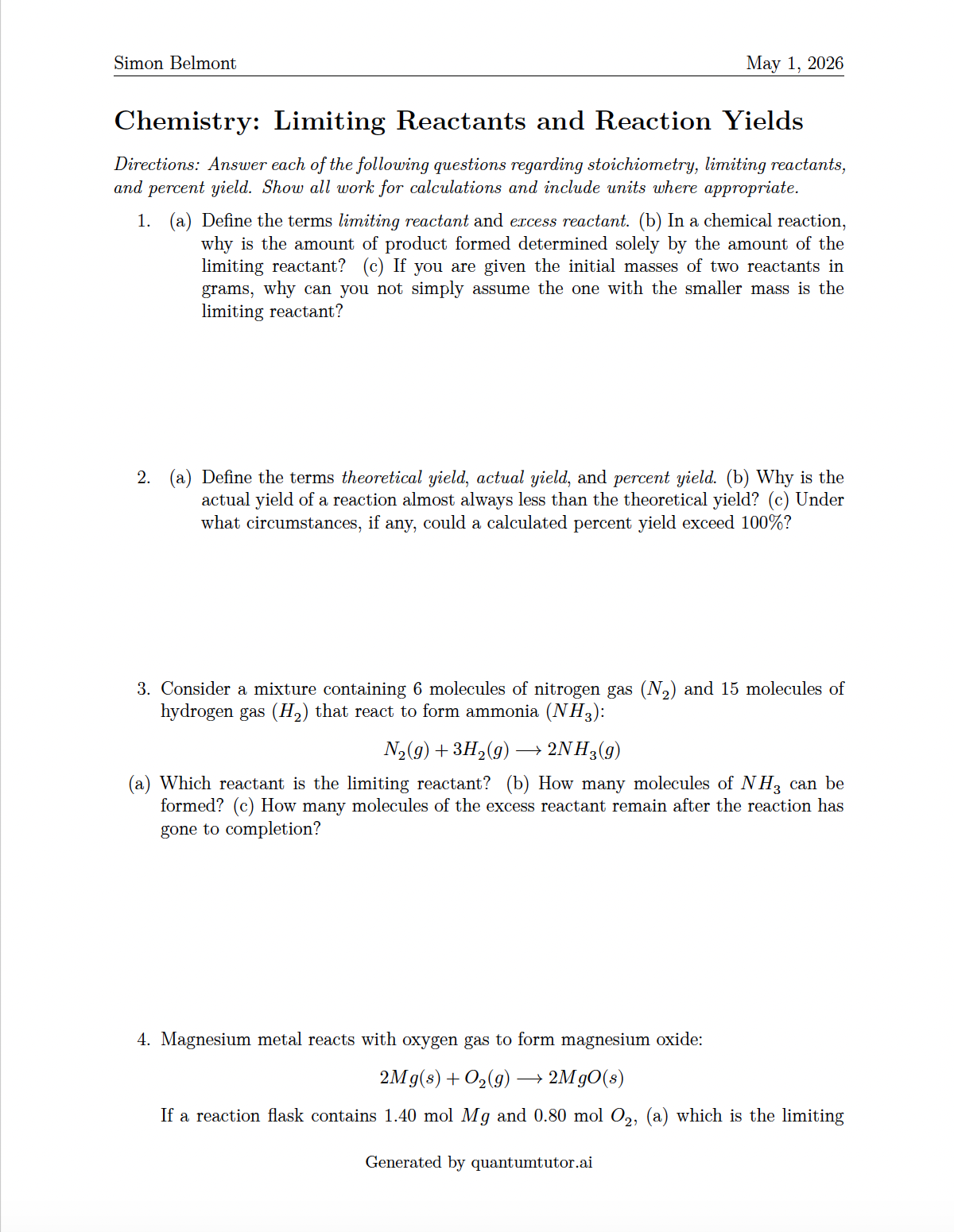 Sample practice worksheet generated by Quantum Tutor with 15 problems and worked solutions