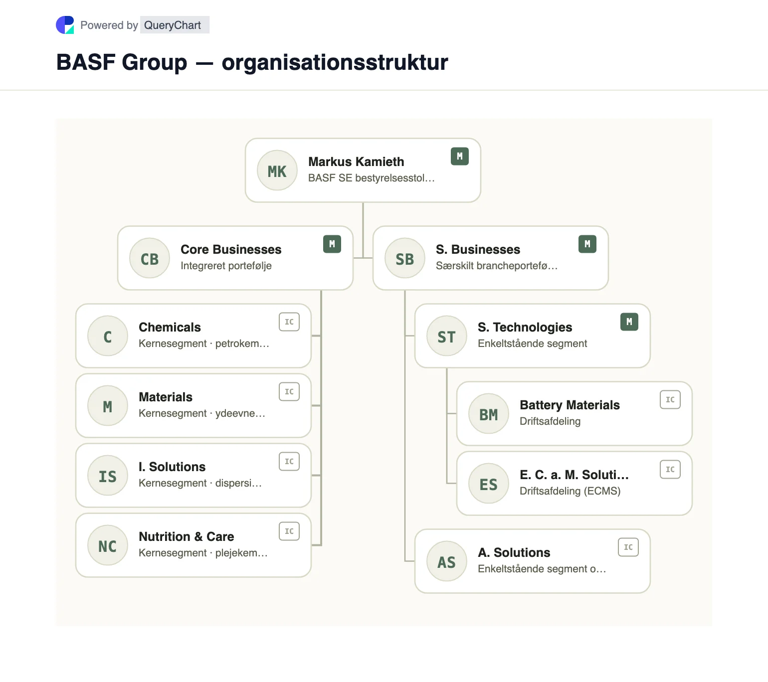 BASF Group — organisationsstruktur og organisationsdiagram. Udforsk BASFs fire kerne- og to selvstændige forretningssegmenter, inklusive den opdaterede Surface Technologies-grænse, i et redigerbart diagram.