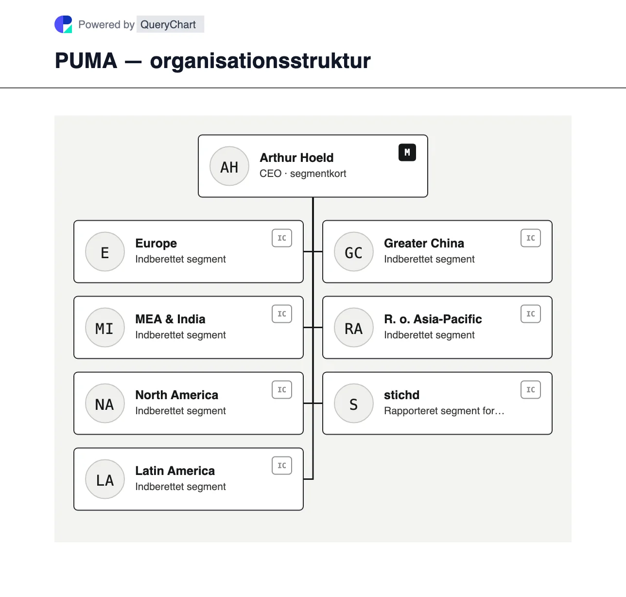 PUMA — organisationsstruktur og organisationsdiagram. Udforsk PUMAs syv 2025-forretningssegmenter, herunder Europa, MEA & Indien, Amerika, asiatiske markeder og stichd.