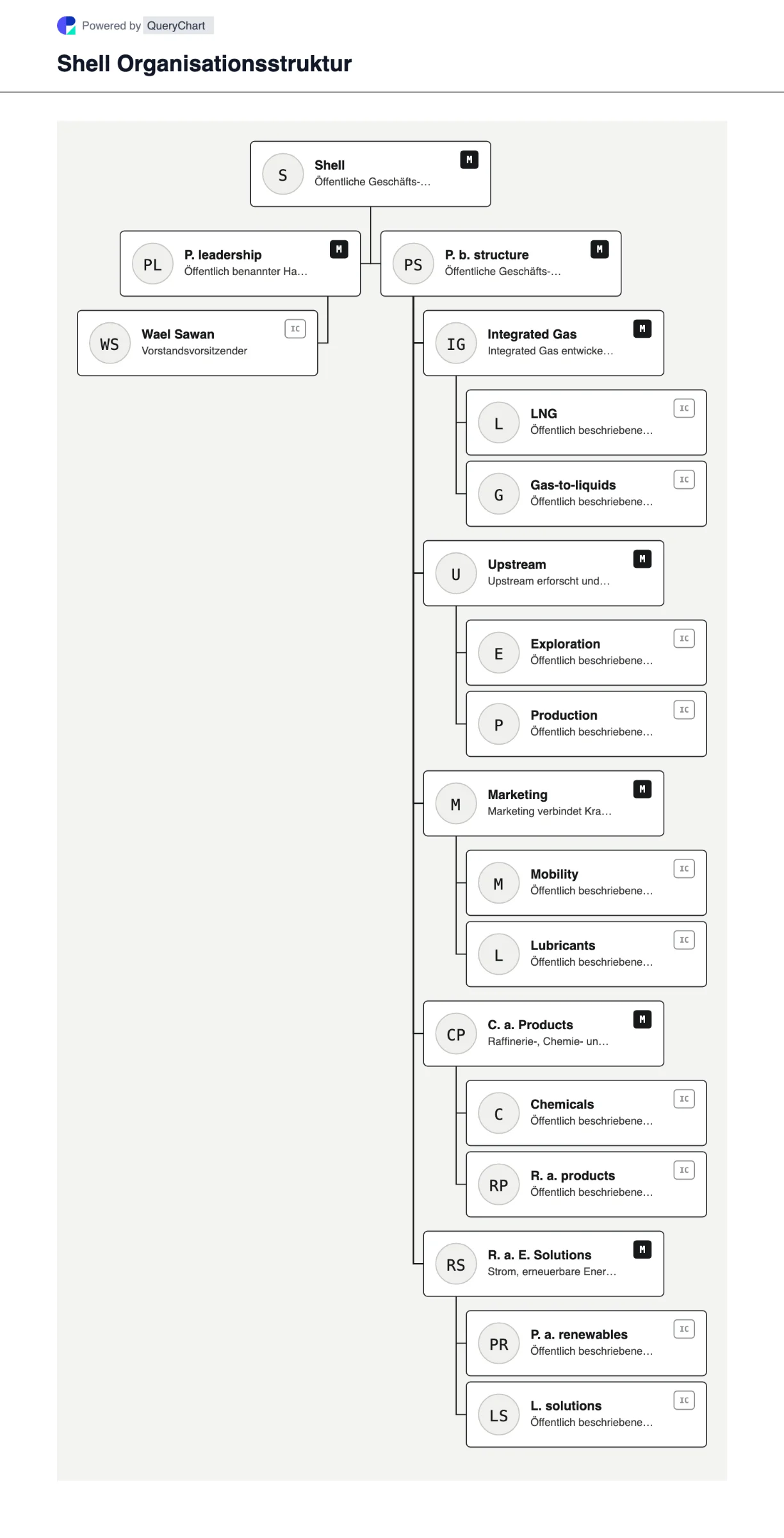Shell Organisationsstruktur und Organigramm. Entdecken Sie die öffentliche Unternehmensstruktur, Führung und die wichtigsten Betriebsbereiche von Shell in einem mit Quellen versehenen, datierten und bearbeitbaren Organigramm.