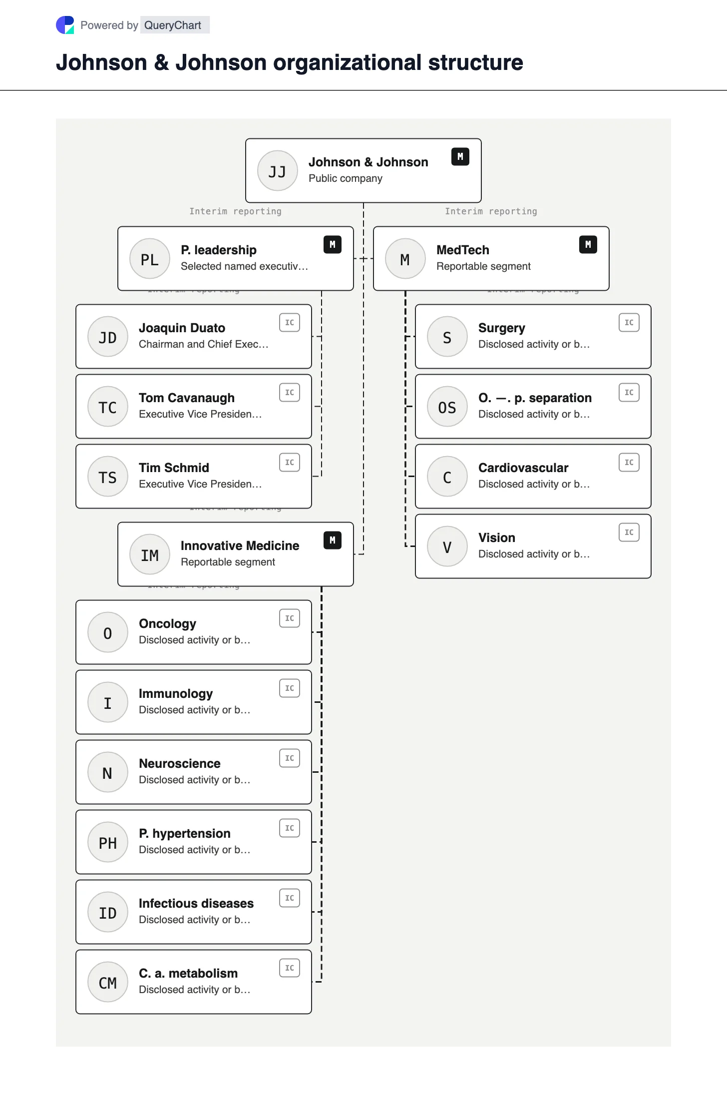 Johnson & Johnson Organizational Structure & Org Chart. See Johnson & Johnson's Innovative Medicine and MedTech segments, current leaders, and the status of its proposed Orthopaedics separation.