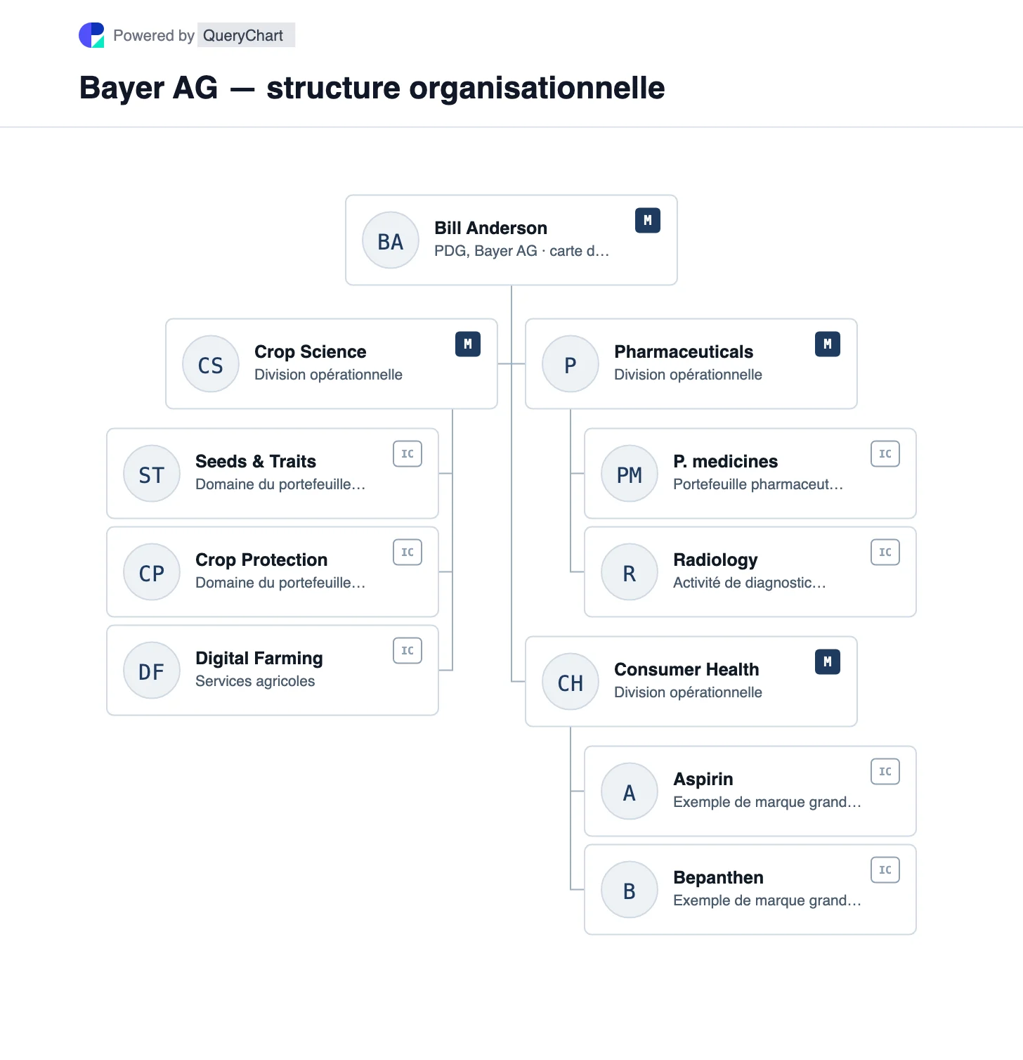Bayer AG — structure organisationnelle et organigramme. Explorez les divisions Crop Science, Pharmaceuticals et Consumer Health de Bayer, avec une ventilation de leurs portefeuilles distincts.