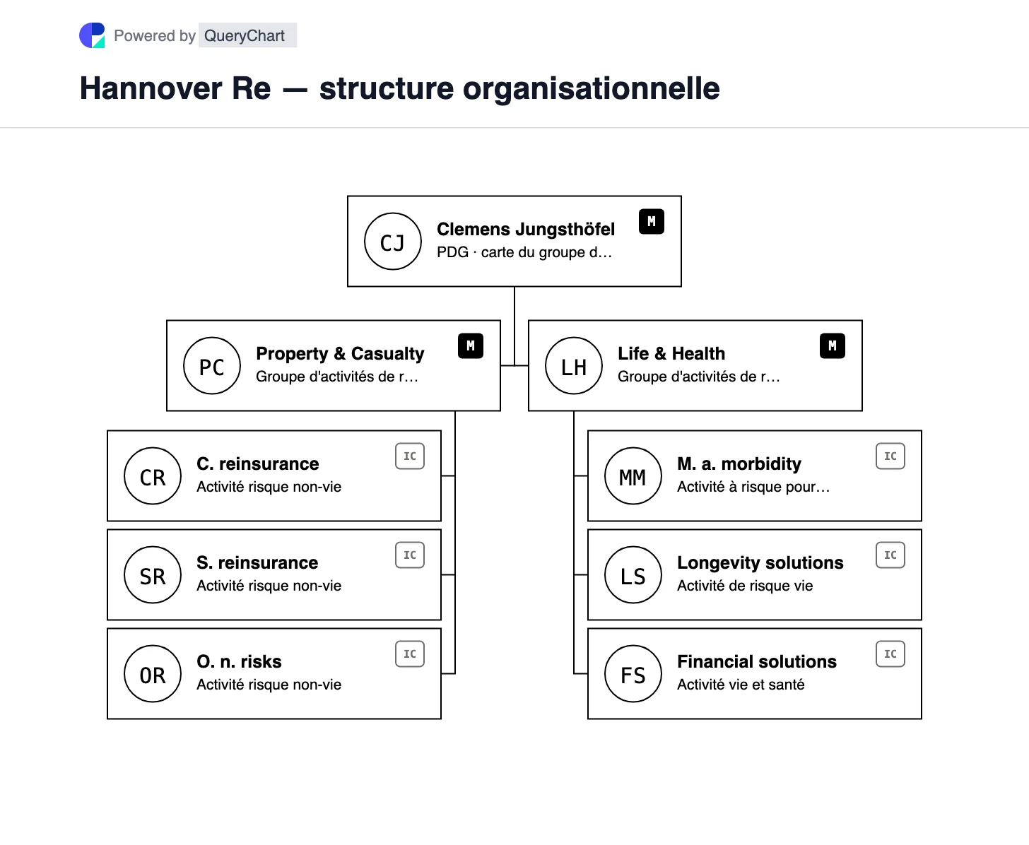 Hannover Re — structure organisationnelle et organigramme. Découvrez les groupes de réassurance IARD et Vie & Santé de Hannover Re, y compris les principales activités de risque et de protection.