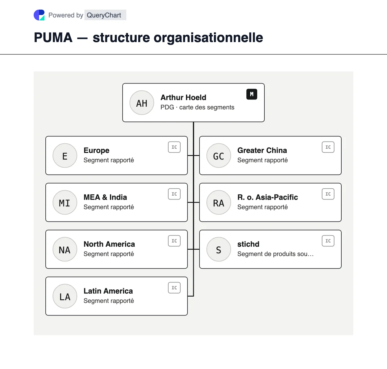 PUMA — structure organisationnelle et organigramme. Explorez les sept segments d'activité de PUMA en 2025, notamment l'Europe, la région MEA et l'Inde, les Amériques, les marchés asiatiques et stichd.
