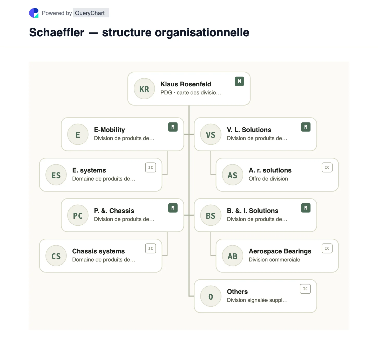 Schaeffler — structure organisationnelle et organigramme. Découvrez les divisions de produits de Schaeffler après son intégration avec Vitesco, notamment E-Mobilité, Powertrain & Chassis, aftermarket et roulements industriels.