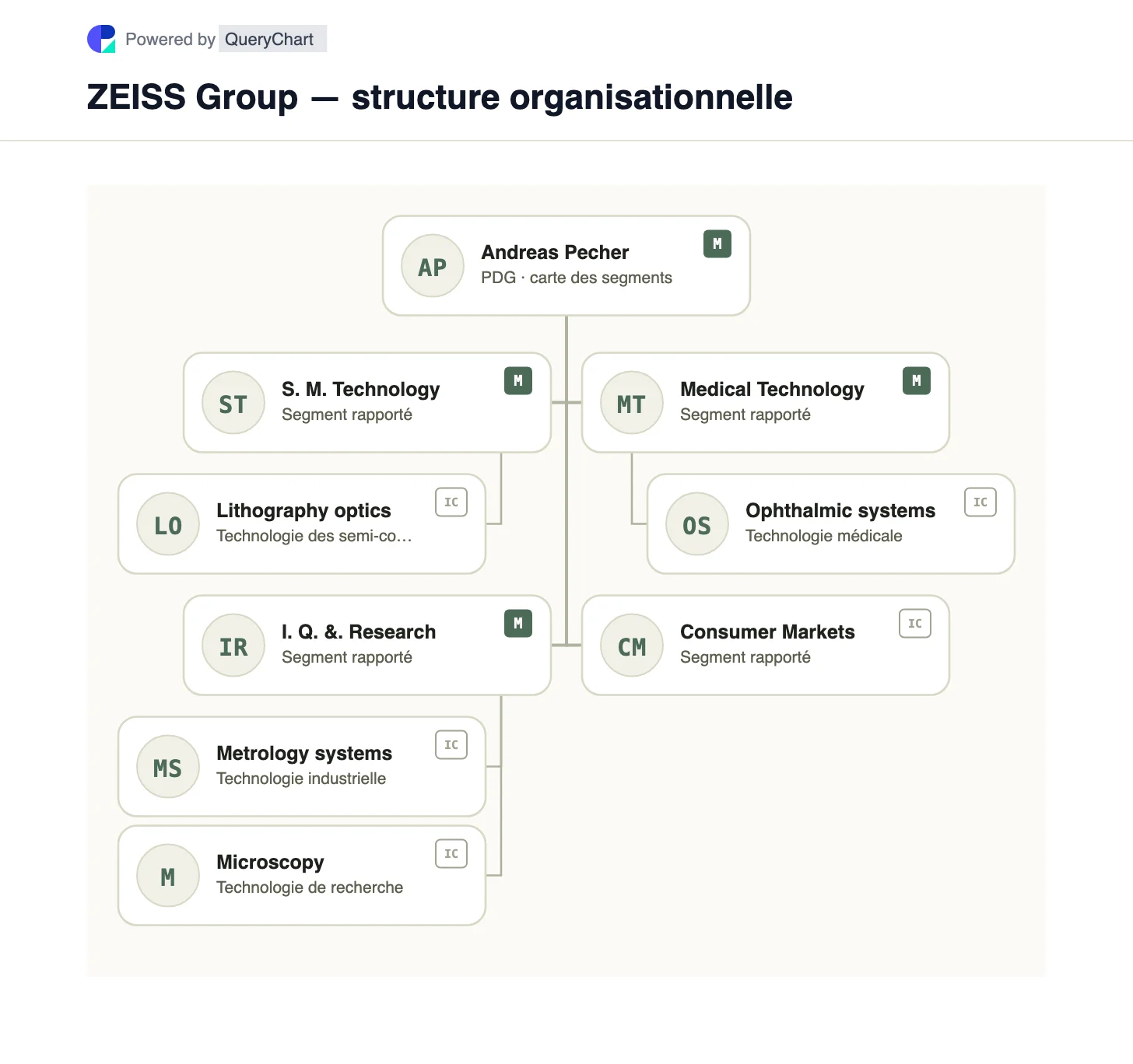 ZEISS Group — structure organisationnelle et organigramme. Explorez les quatre segments technologiques de ZEISS dans les domaines de l'optique des semi-conducteurs, de la métrologie industrielle, de la technologie médicale et des marchés grand public.