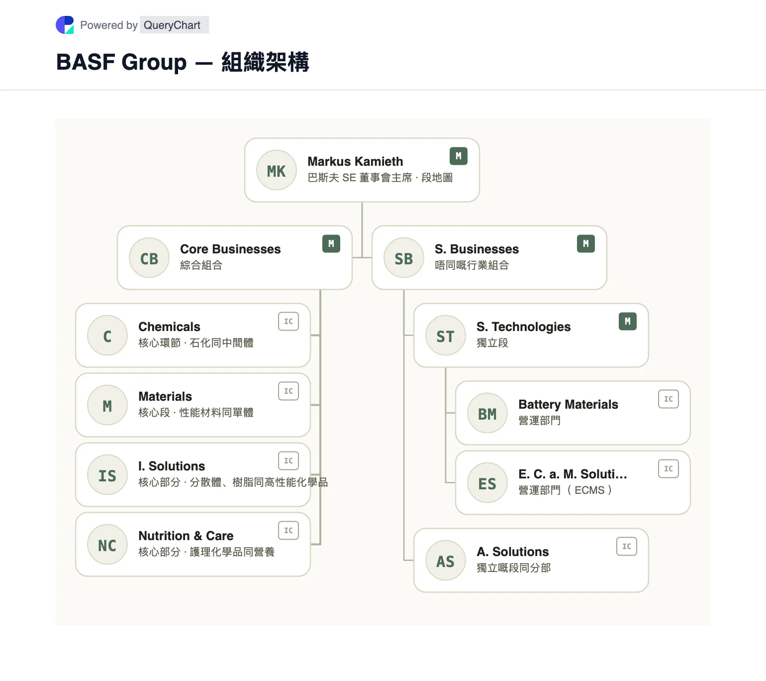 BASF Group — 組織架構同組織圖. 喺可編輯嘅圖表入面，探索巴斯夫嘅四個核心同兩個獨立業務部門，包括更新咗嘅表面技術界線。