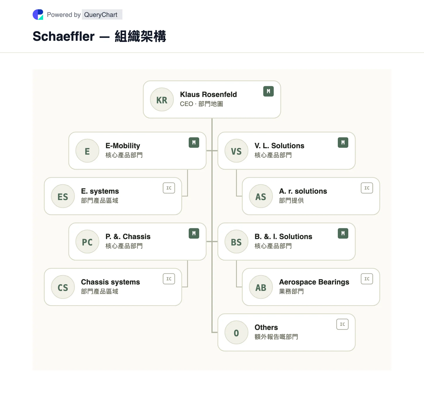 Schaeffler — 組織架構同組織圖. 喺維特斯科整合之後,探索謝弗勒嘅產品部門,包括電動移動、動力系統同底盤、售後市場同工業軸承。