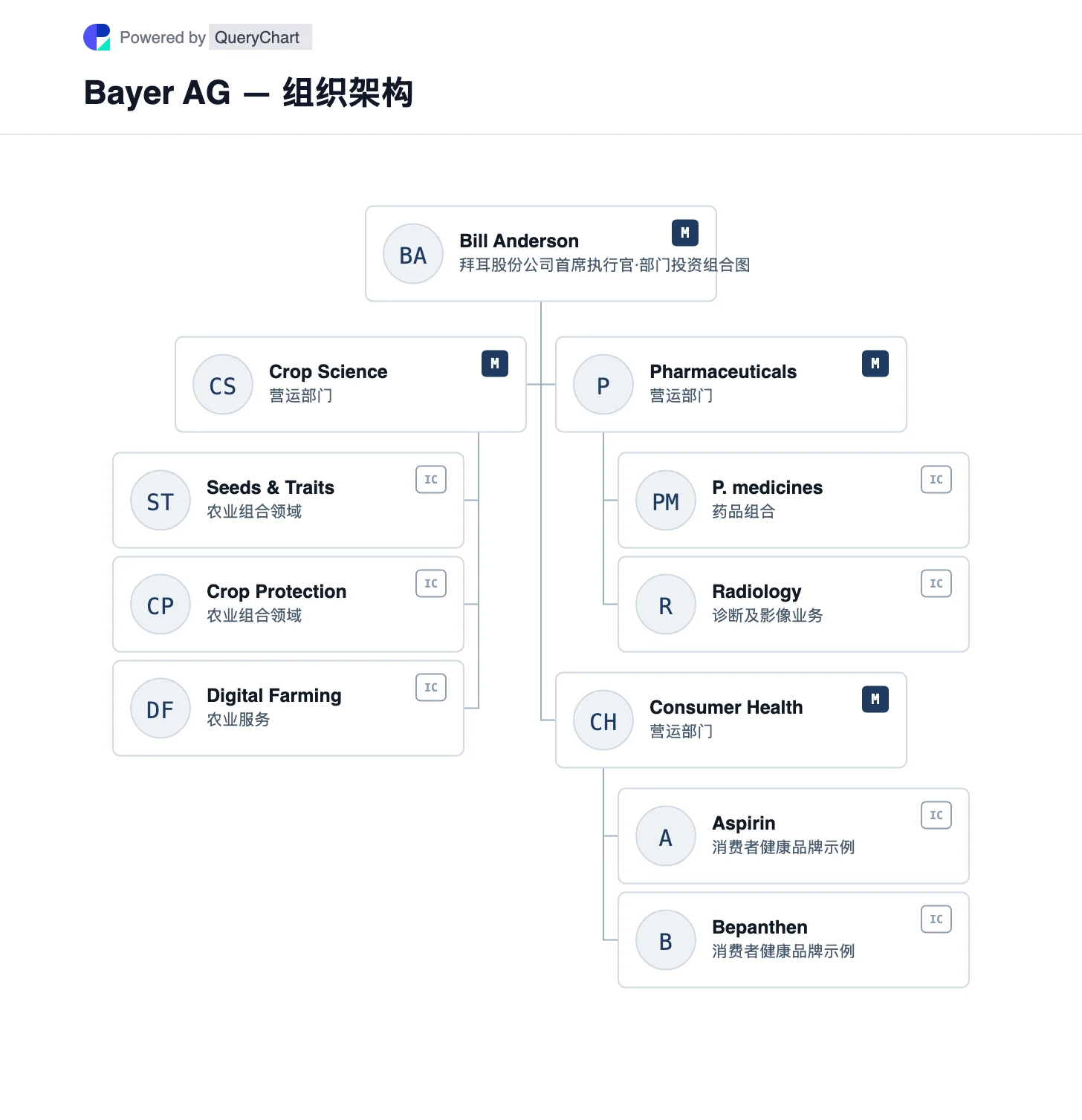Bayer AG — 组织架构与组织结构图. 探索拜耳的作物科学、制药和消费者健康部门，及其独特产品组合的来源细分。 图中标明业务单元之间的关系，并附公司来源与核查日期。