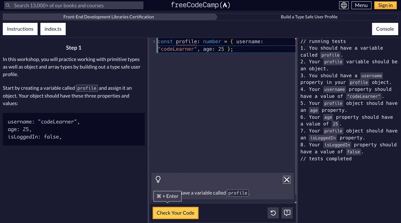 freeCodeCamp's TypeScript workshop with a type error underlined in the editor