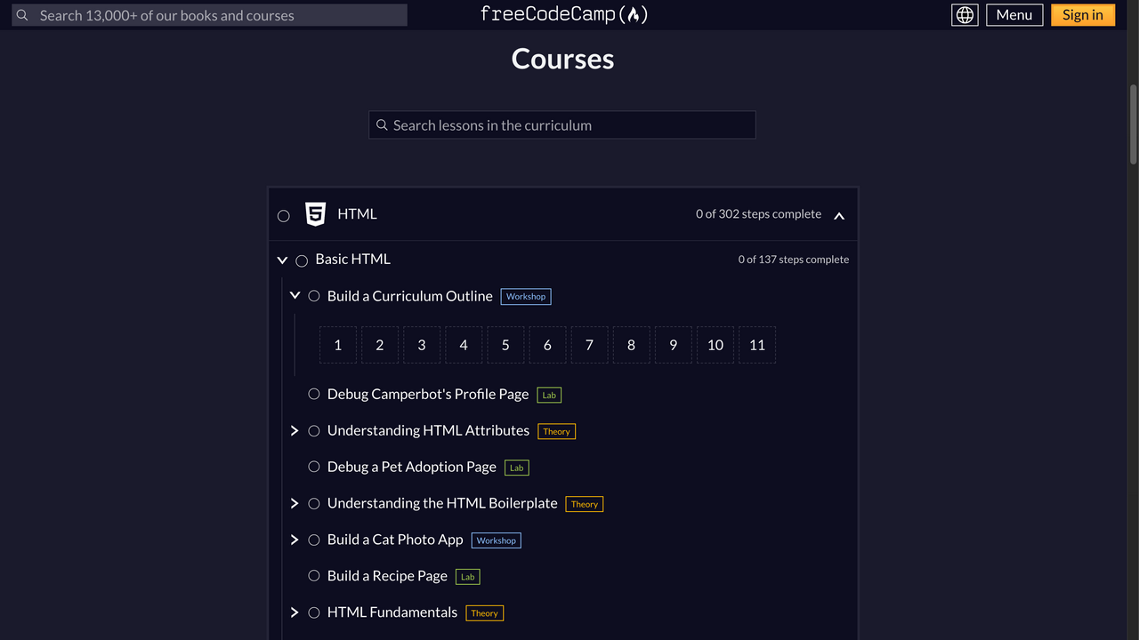 freeCodeCamp's Responsive Web Design curriculum, showing HTML workshops, labs and theory lessons