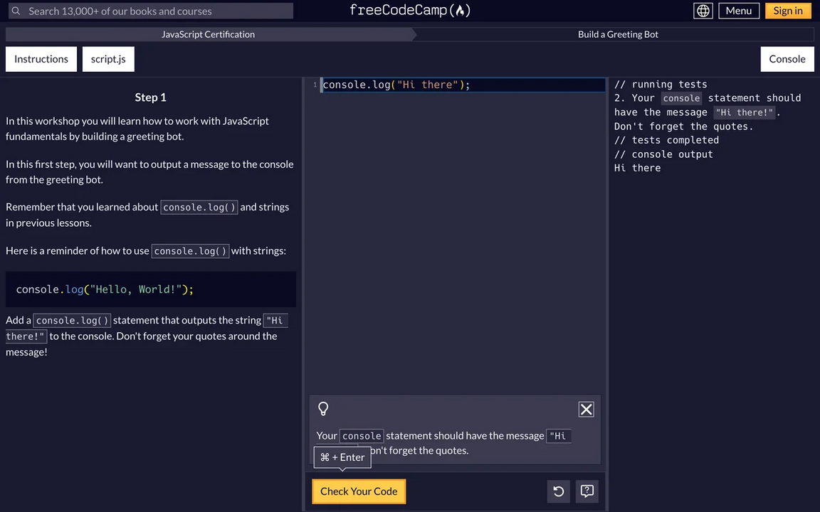 freeCodeCamp's Greeting Bot step with a failing test in the console