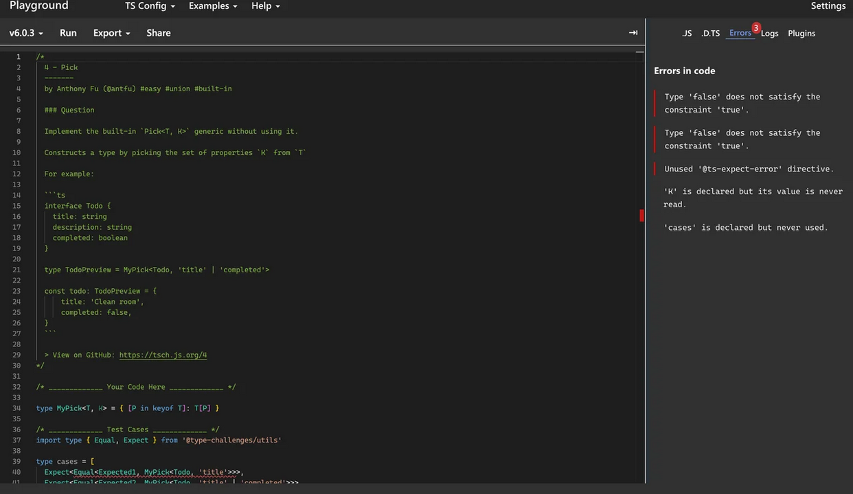 The type-challenges Pick puzzle in the TypeScript Playground with constraint errors