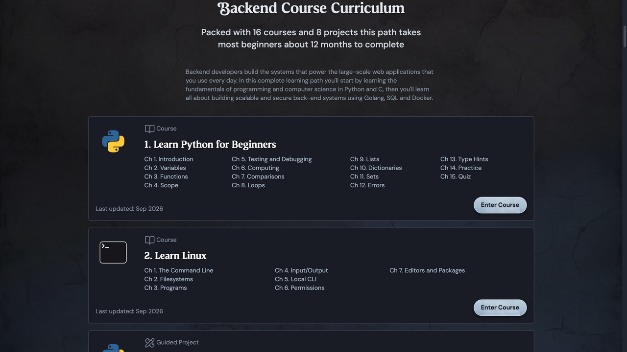 Boot.dev's backend curriculum, showing the opening Python and Linux courses