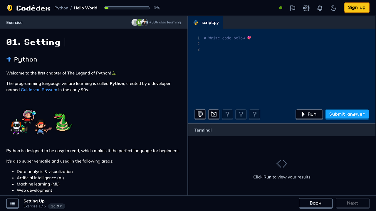 Codédex's first Python lesson, with lesson text beside a code editor and terminal