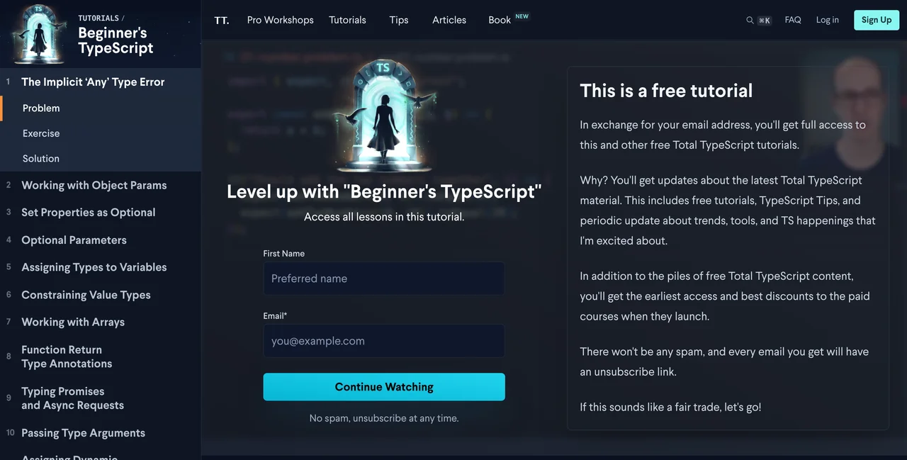 Total TypeScript's free Beginner's TypeScript tutorial asking for an email before lesson one