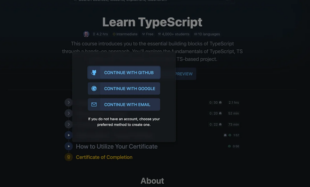 Scrimba's Learn TypeScript page with a sign-up modal