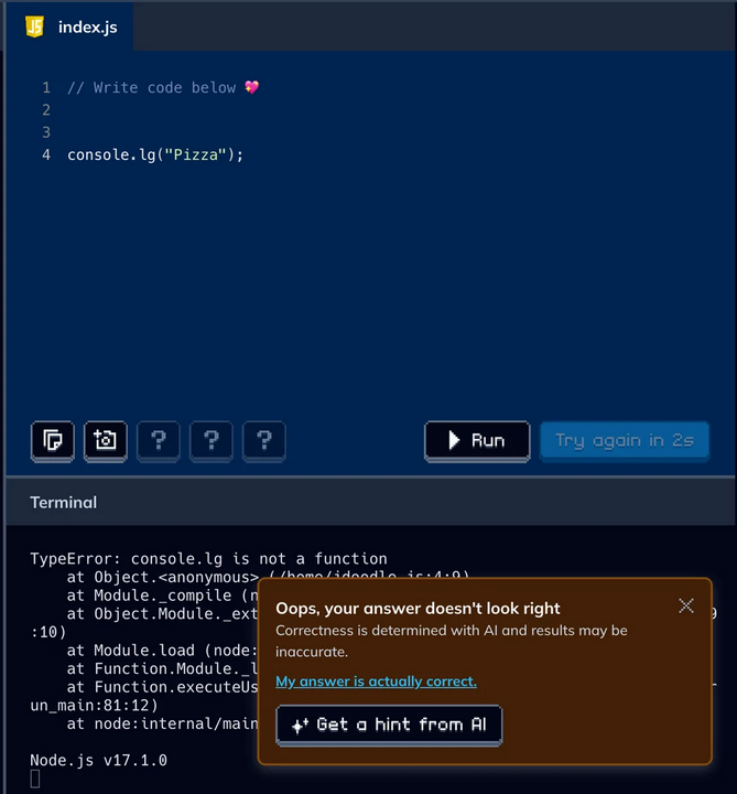Codédex showing a console.lg error, Node.js v17.1.0, and an AI grading popup