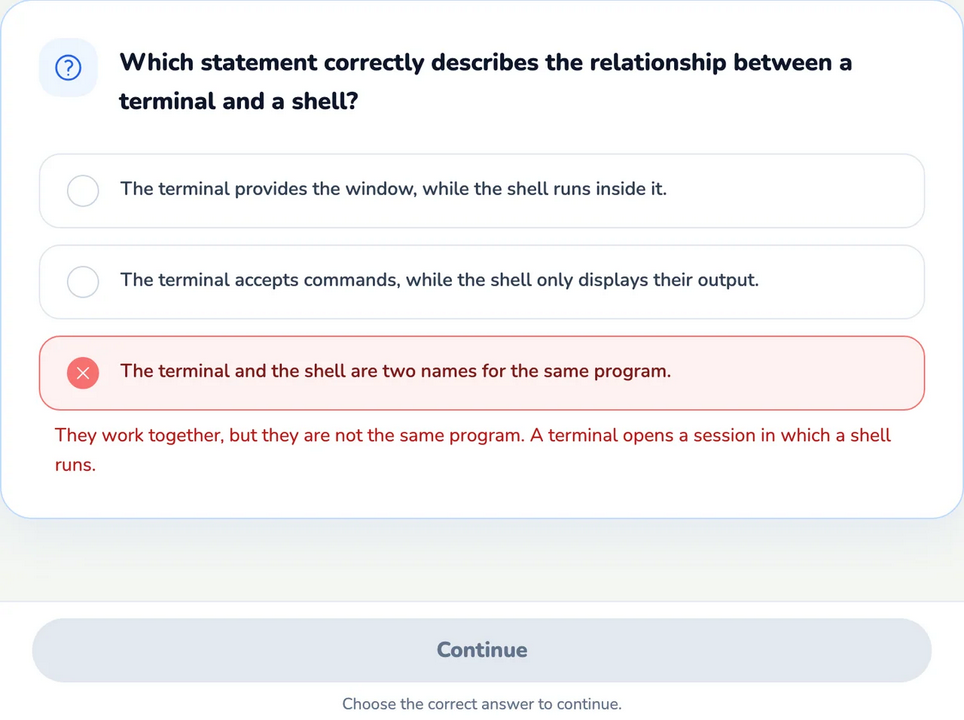 Linux Journey's quiz marking a wrong answer with an explanation