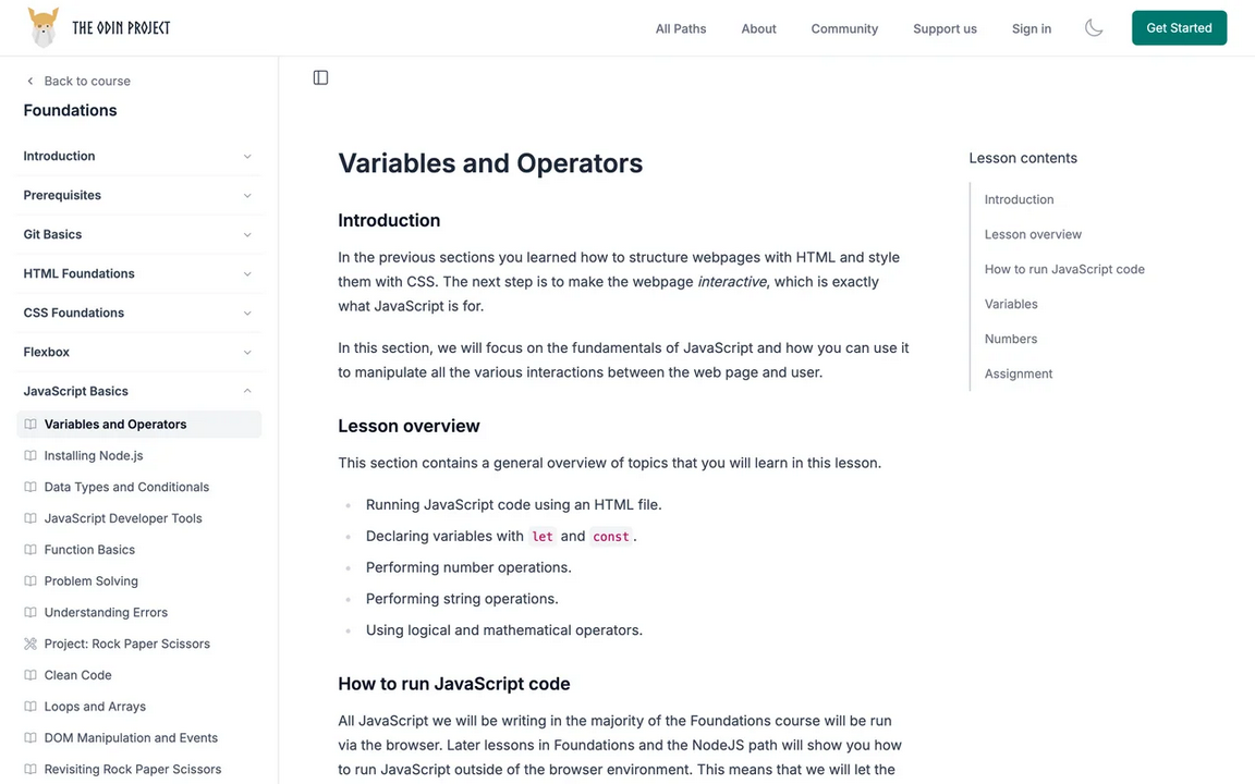 The Odin Project's Variables and Operators lesson, after Git, HTML, CSS, and Flexbox in the sidebar
