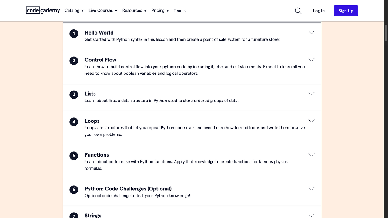 Codecademy's Learn Python 3 syllabus, with introductory lessons and their descriptions