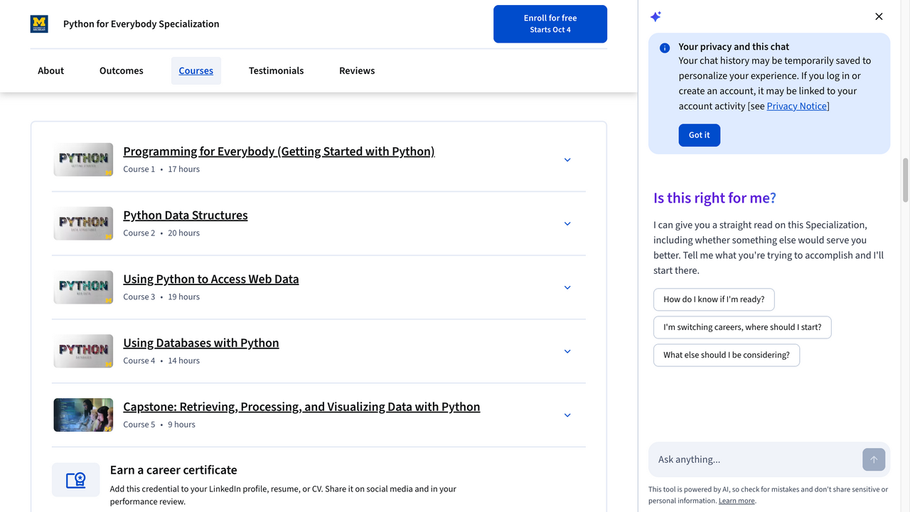 Coursera's Python for Everybody specialization, showing all five courses from introductory Python through the capstone