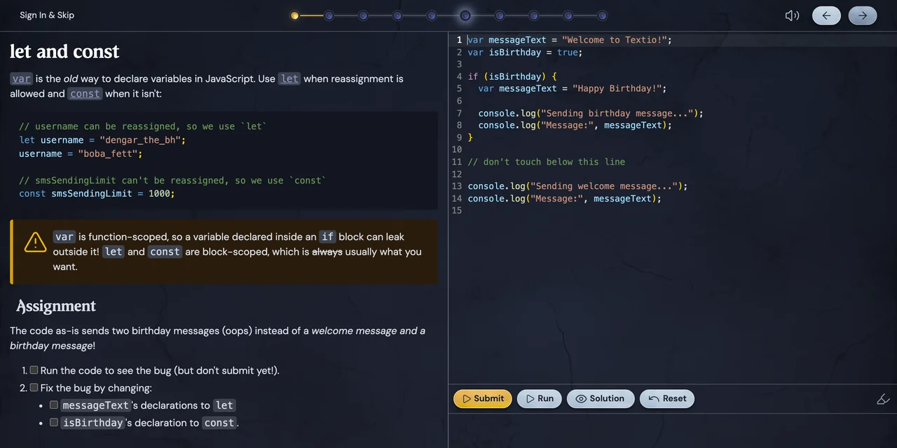 Boot.dev's let and const lesson, with a var bug to fix in the editor