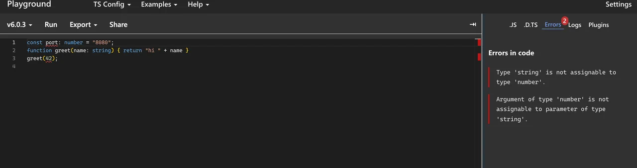 The TypeScript Playground on version 6.0.3 listing two type errors