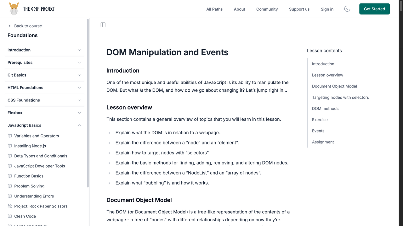 The Odin Project's DOM Manipulation and Events lesson, with course navigation and a lesson overview