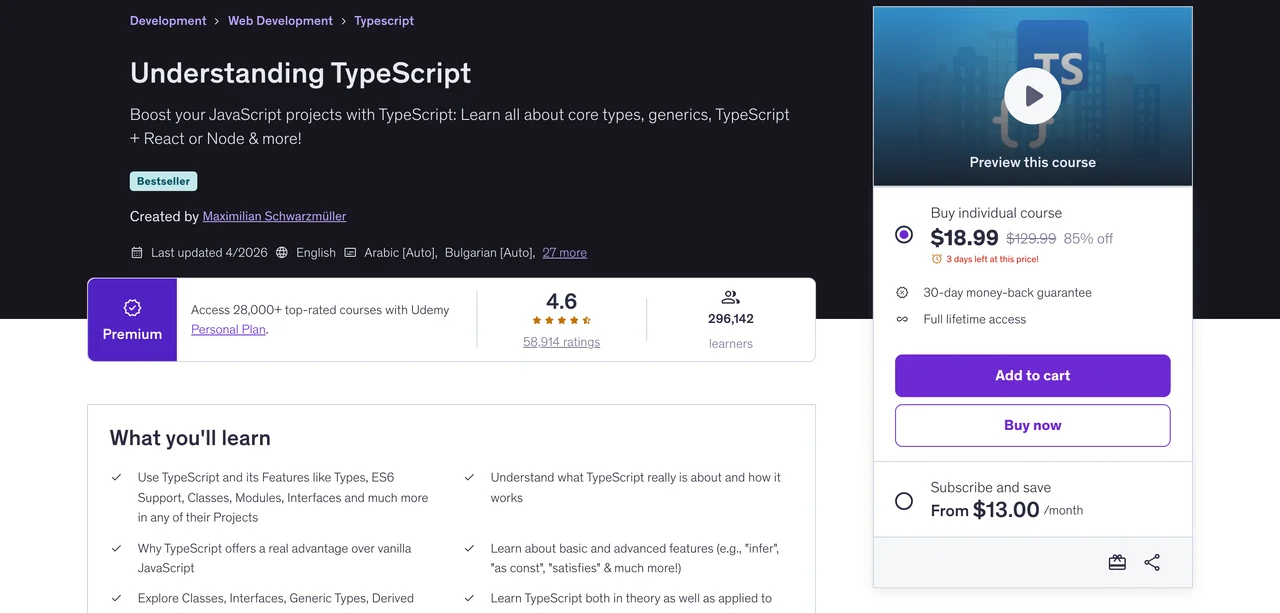 Understanding TypeScript on Udemy at $18.99, last updated 4/2026