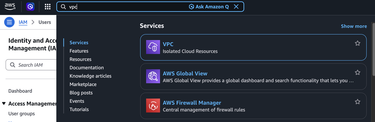vpc in search bar