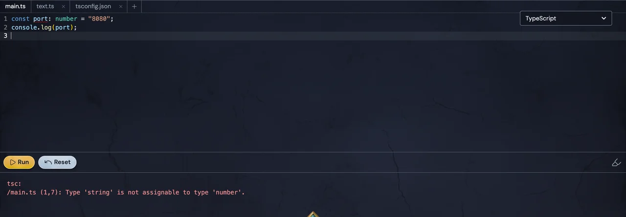 Boot.dev's TypeScript playground showing a tsc type error