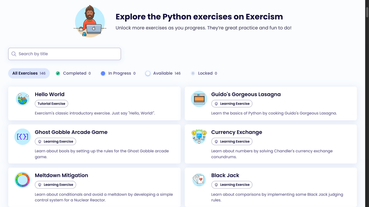 Exercism's Python exercise catalog, with practice problems covering introductory language concepts