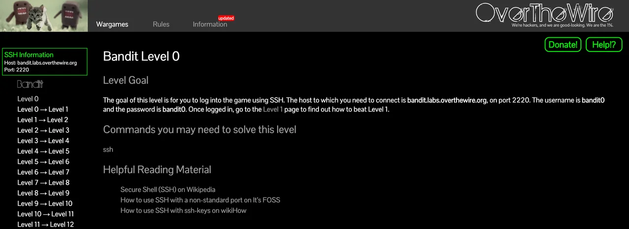 OverTheWire Bandit's level 0 page with the SSH host, port, and list of levels