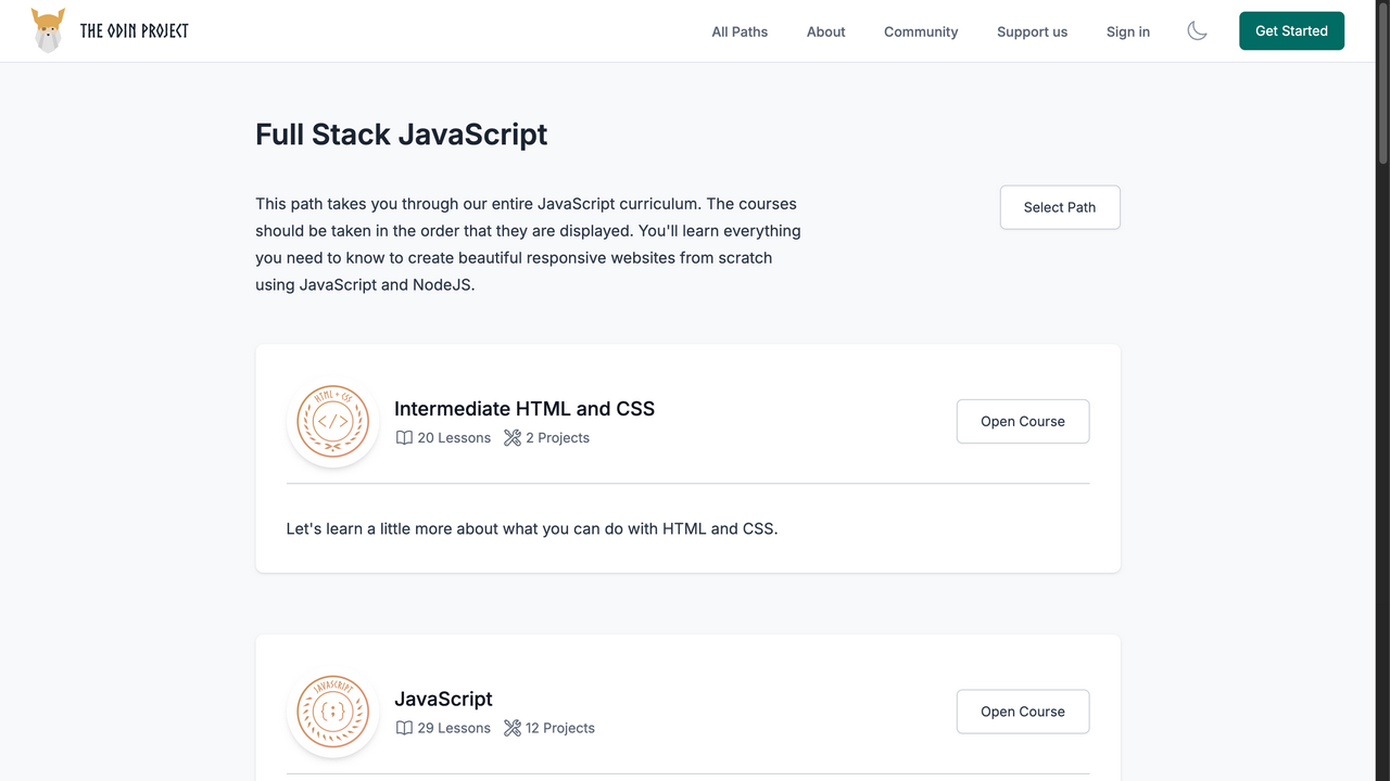 The Odin Project's Full Stack JavaScript path, showing its HTML, CSS and JavaScript course cards