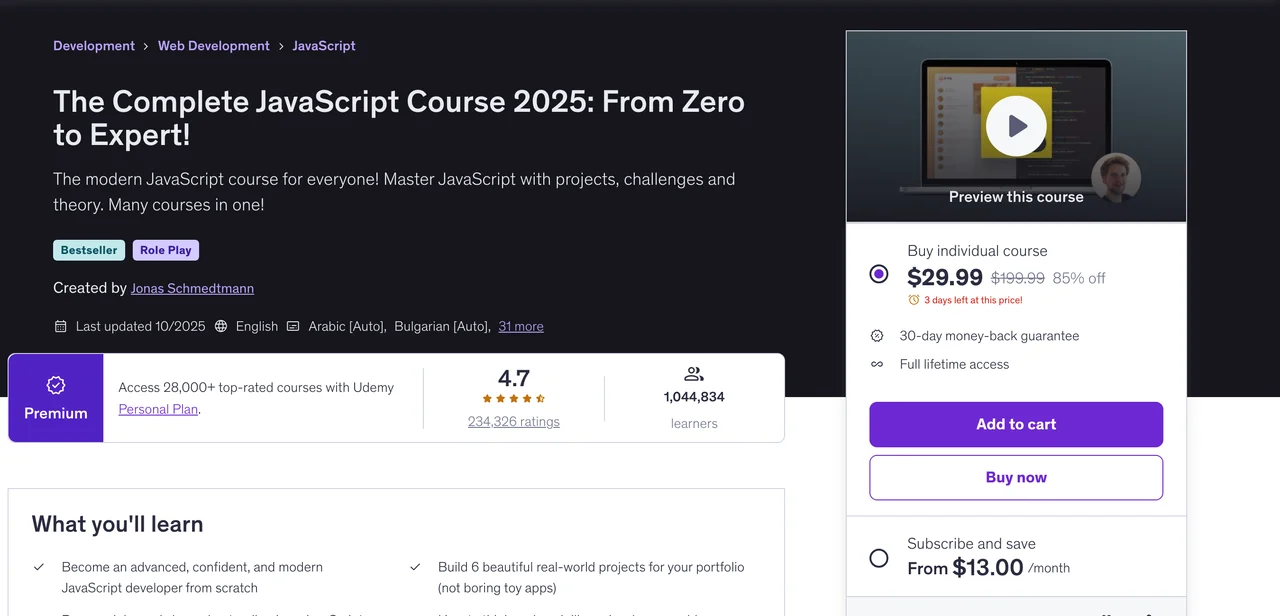 The Complete JavaScript Course 2025 Udemy listing, last updated 10/2025, $29.99 on sale