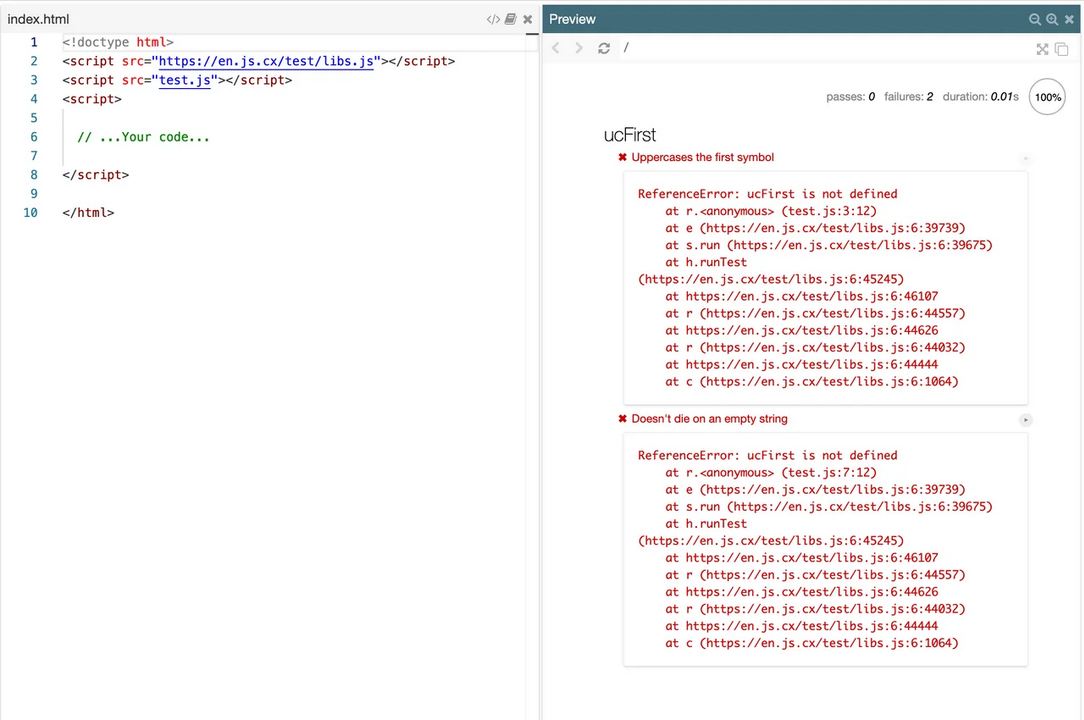 javascript.info's ucFirst task sandbox showing 0 passes and 2 failures