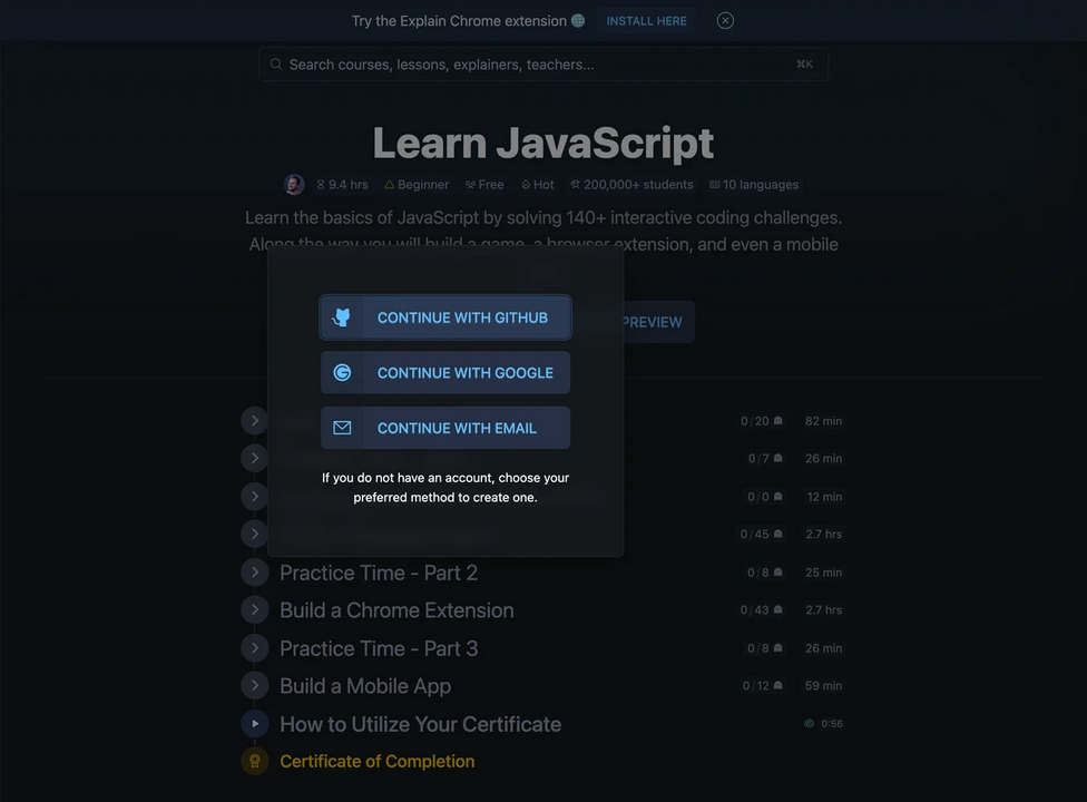 Scrimba's Learn JavaScript page labeled Free, with a sign-up modal on top